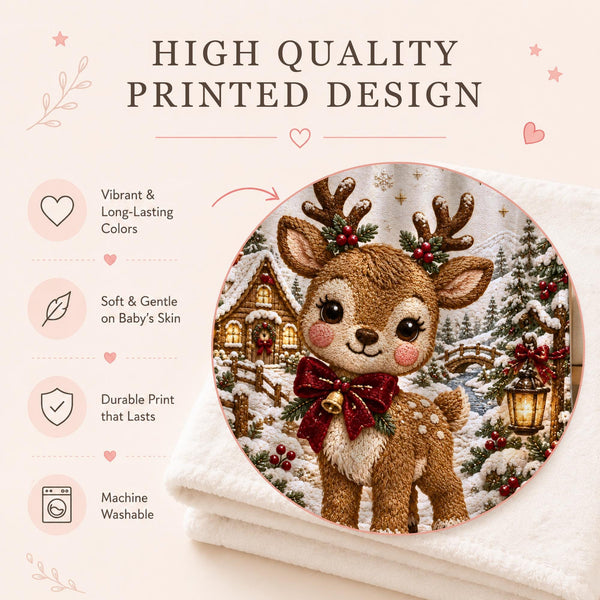 Personalized Christmas Reindeer Baby Blanket with an embroidered-look print featuring a cute baby reindeer with festive antlers, a deep red bow and golden bell, surrounded by a magical snowy Christmas village, glowing lantern, winter trees, red berries, snowflakes and cozy woodland scenery.