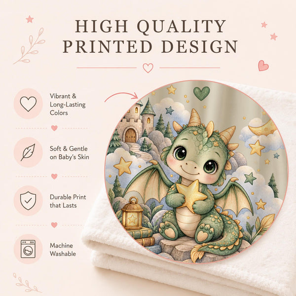Personalized Dragon Baby Blanket with Name featuring an adorable baby dragon surrounded by a magical castle, crescent moon, shooting stars, clouds and an enchanting fantasy landscape.