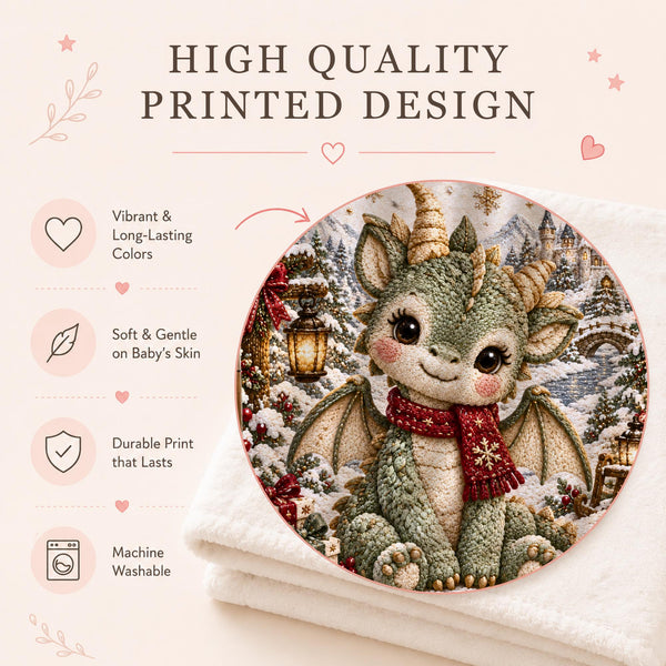 Personalized Christmas Dragon Baby Blanket with an embroidered-look print featuring an adorable baby dragon wearing a cozy burgundy winter scarf, surrounded by a magical snowy Christmas landscape, fairytale castle, winter trees, glowing lanterns, presents, moon, stars and mountain scenery.