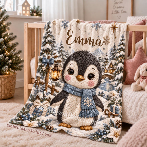 Personalized Christmas Penguin Baby Blanket with an embroidered-look print featuring an adorable baby penguin wearing a cozy blue winter scarf, surrounded by a magical snowy Christmas landscape, winter trees, glowing lantern, presents, snowflakes, stars and a charming winter village.