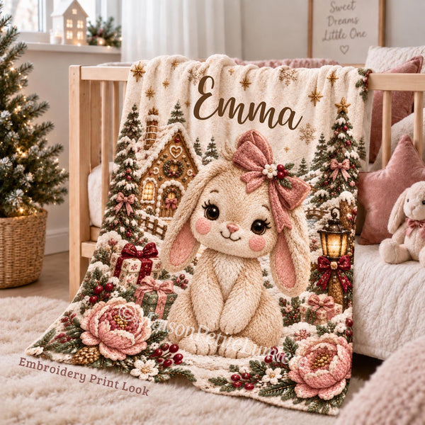 Personalized Christmas Bunny Baby Blanket with an embroidered-look print featuring an adorable cream baby bunny with a soft blush pink bow, surrounded by a magical snowy Christmas landscape, gingerbread cottage, decorated trees, glowing lantern, presents, winter florals, snowflakes and golden stars.