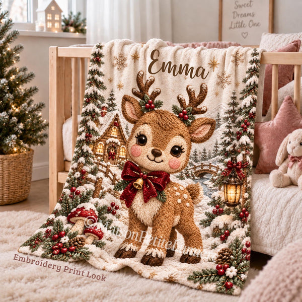 Personalized Christmas Reindeer Baby Blanket with an embroidered-look print featuring a cute baby reindeer with festive antlers, a deep red bow and golden bell, surrounded by a magical snowy Christmas village, glowing lantern, winter trees, red berries, snowflakes and cozy woodland scenery.