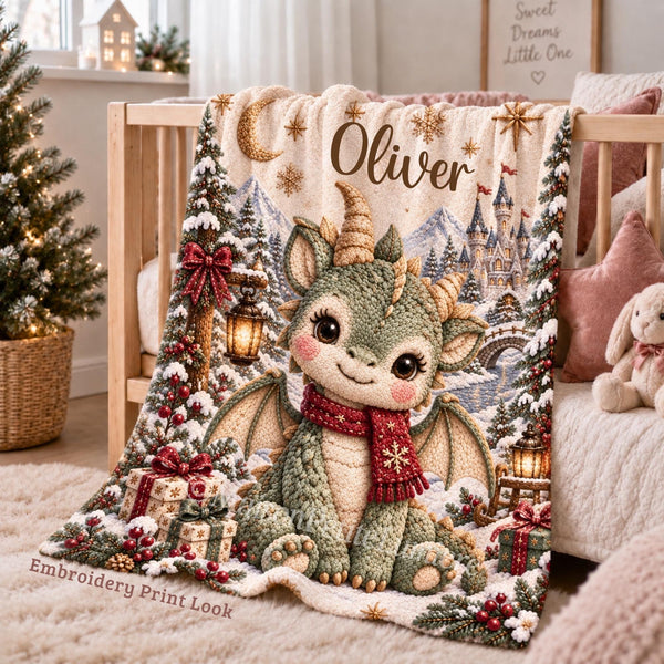 Personalized Christmas Dragon Baby Blanket with an embroidered-look print featuring an adorable baby dragon wearing a cozy burgundy winter scarf, surrounded by a magical snowy Christmas landscape, fairytale castle, winter trees, glowing lanterns, presents, moon, stars and mountain scenery.