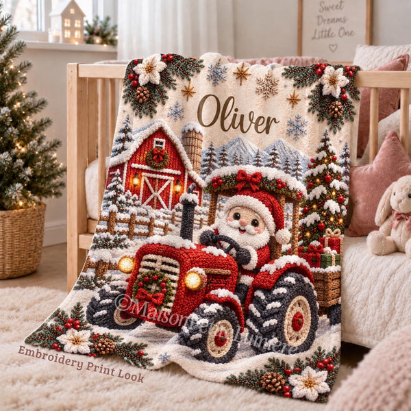 Personalized Christmas Santa Tractor Baby Blanket with an embroidered-look print featuring an adorable Santa Claus driving a festive red tractor, surrounded by a magical snowy Christmas farm landscape, red barn, decorated trees, glowing lights, presents, winter greenery, snowflakes and golden stars.