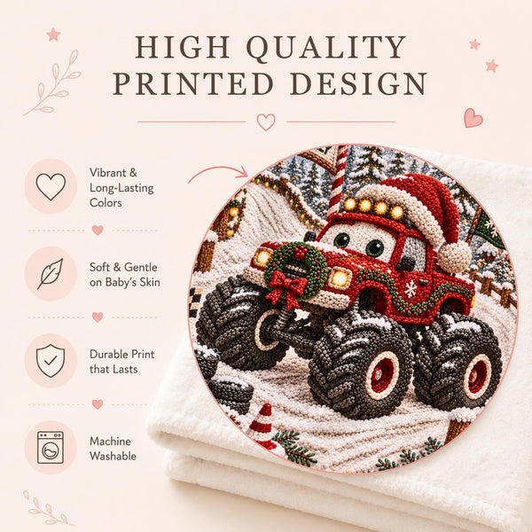 Personalized Christmas Monster Truck Baby Blanket with an embroidered-look print featuring an adorable festive red monster truck wearing a Santa hat, surrounded by a magical snowy North Pole racing landscape, snow-covered mountains, Christmas trees, glowing lights, racing flags, festive decorations, winter greenery and snowflakes.