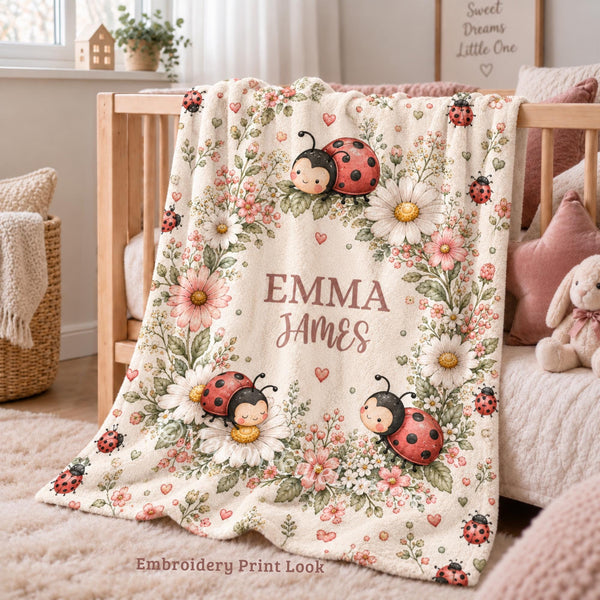 this personalized ladybug blanket featuring adorable watercolor ladybugs, delicate daisies, and a charming floral wreath design. Customized with your child’s name, this soft nursery keepsake adds a sweet touch to any baby girl’s room and makes a thoughtful baby shower, newborn, or birthday gift. A beautiful blend of nature, whimsy, and timeless nursery style