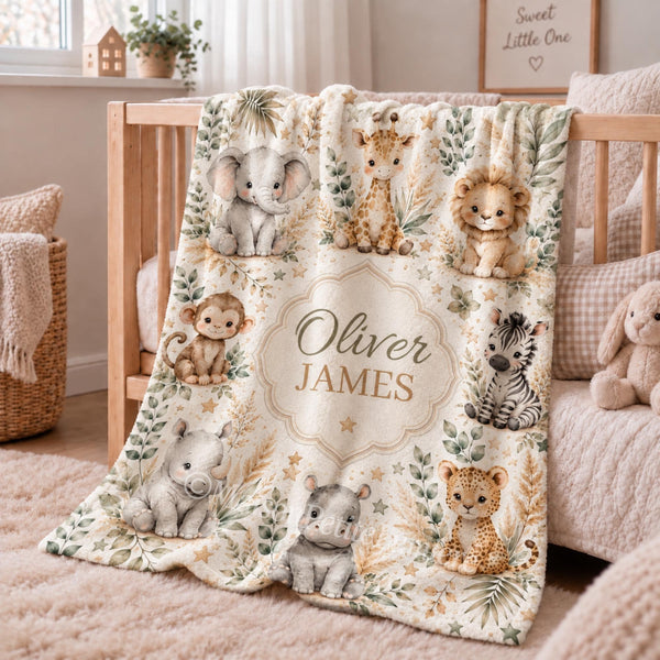 Personalized Safari Baby Blanket featuring adorable watercolor jungle animals including elephant, giraffe, lion, zebra, monkey, rhino, hippo and leopard. A custom velveteen baby blanket for nursery decor, baby shower gifts and newborn keepsakes.