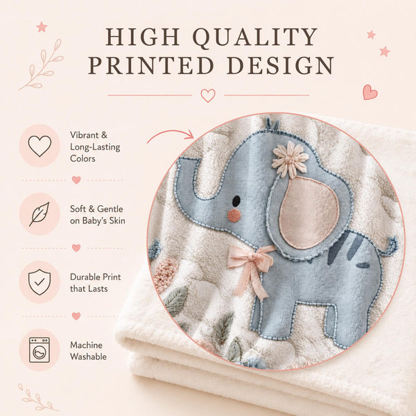 Soft embroidered-look elephant baby blanket with pastel florals. Neutral tones, cozy fabric — a boutique newborn gift for calm, modern nursery decor.