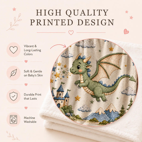 Personalized Dragon Baby Blanket with an embroidered-look print featuring a cute baby dragon, magical castle, moon, stars, and mountain scenery.