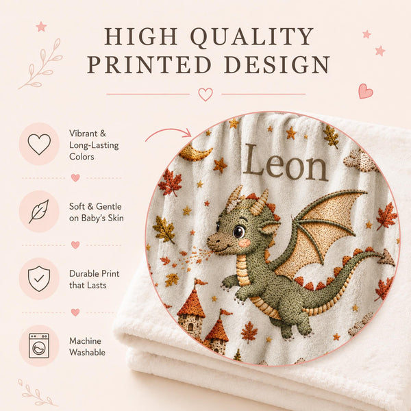 Personalized Dragon Baby Blanket with an embroidered-look print featuring a cute baby dragon, magical castle, autumn leaves, pumpkins, moon, stars and warm fall mountain scenery.