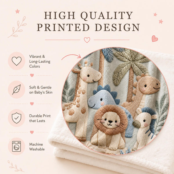 Personalized Safari baby blanket with name - embroidered look details in soft neutral colors. A cozy newborn blanket and timeless boutique baby gift.