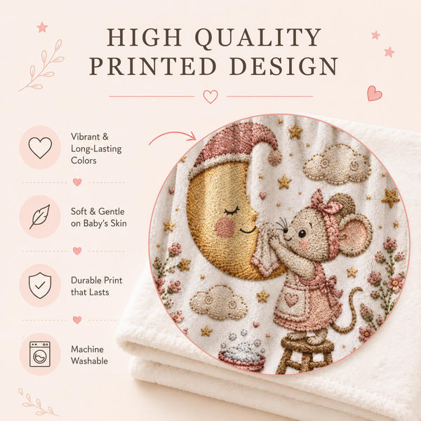 Personalized Mouse Baby Blanket with an embroidered-look print featuring a sweet little mouse gently cleaning the moon, surrounded by twinkling stars, fluffy clouds, and delicate florals.