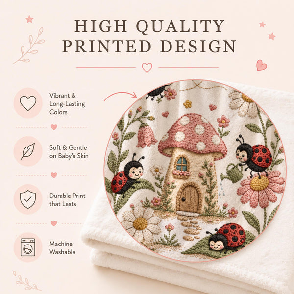 Personalized Ladybug Baby Blanket featuring an embroidered-look print with adorable ladybugs, blooming flowers, and a charming mushroom cottage.