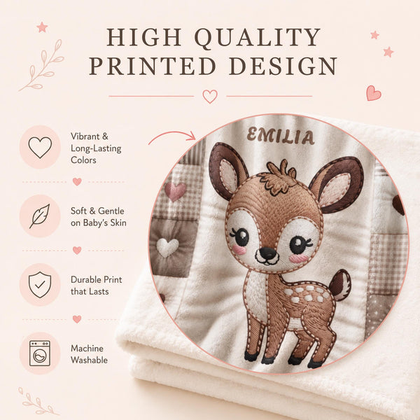 Personalized deer baby blanket with name and patchwork quilt look. Choose between the large Velveteen blanket or the small Minky Lovey security blanket.
