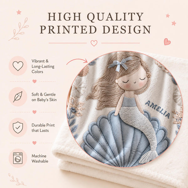 Soft embroidered-look mermaid baby blanket with a calm mermaid seashell design and pastel florals. Neutral tones, cozy fabric — a boutique newborn gift for serene, modern nursery decor.