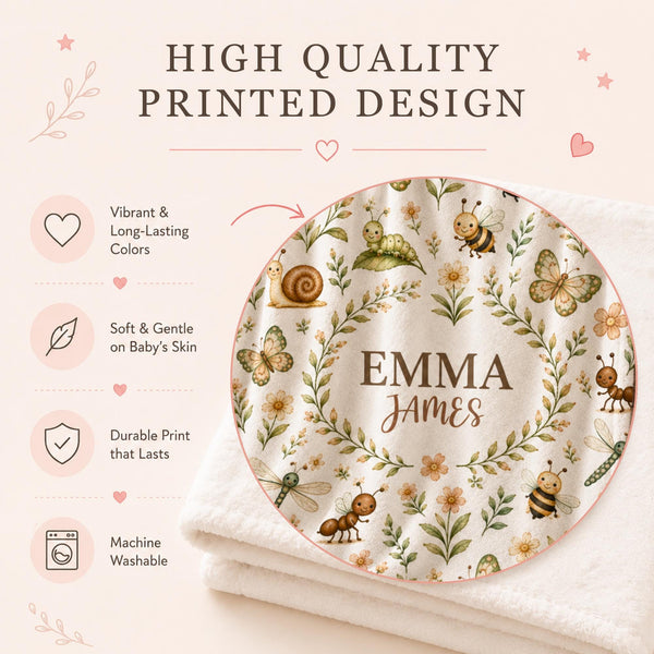 Personalized baby blanket featuring adorable garden insects including bees, butterflies, ladybugs, dragonflies, snails and ants. Customized with your baby’s name, this nature-inspired nursery blanket is a sweet newborn keepsake and baby shower gift.