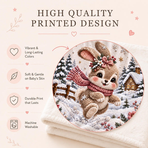 Close view of the winter bunny baby blanket showing the embroidery-look print texture, winter flowers, berries and snowflakes