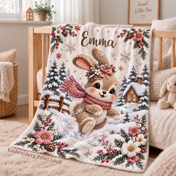 Personalized winter bunny baby blanket with the name Emma, showing a rabbit in a pink scarf among snowy pine trees and a lit cottage, draped over a cot
