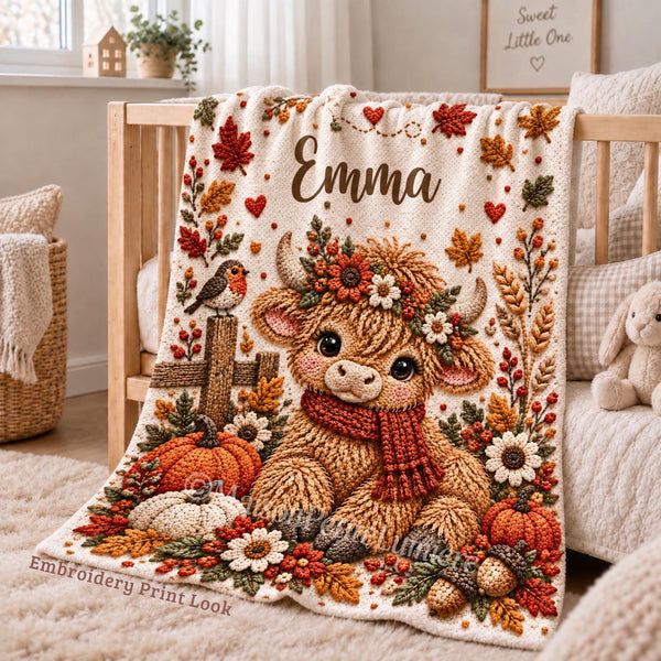 Personalized highland cow baby blanket with the name Emma, showing a fluffy cow in a rust scarf with a flower crown, pumpkins and autumn leaves, draped over a cot