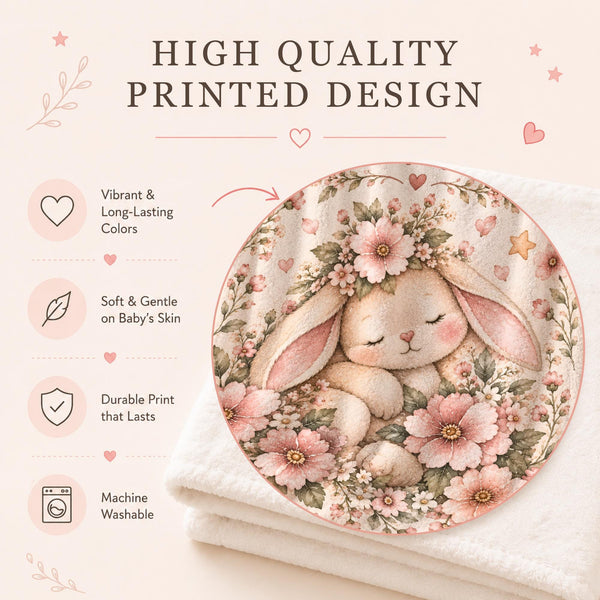 Personalized floral bunny baby blanket featuring a sleeping watercolor bunny in a flower crown, surrounded by blush pink blossoms, white daisies, soft green leaves and little hearts. Customized with your baby's name, this bunny blanket makes a beautiful nursery keepsake, baby shower gift, newborn present, Easter gift, or milestone photo prop.