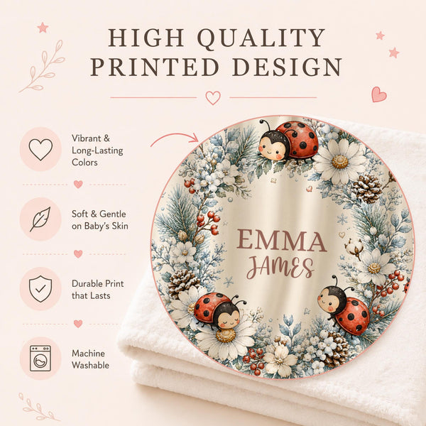 Celebrate your little one’s name with this personalized watercolor winter ladybug baby blanket, featuring sweet ladybugs surrounded by snowy white flowers, frosted blue foliage, winter berries, pinecones and delicate snowflakes.