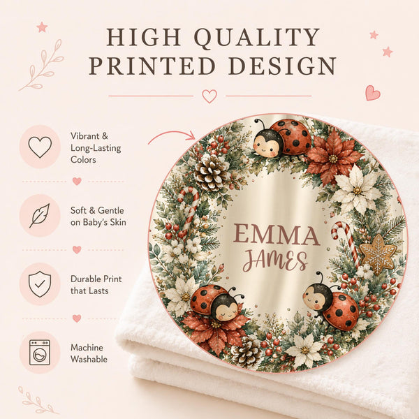Celebrate your little one’s name with this personalized watercolor Christmas ladybug baby blanket, featuring sweet ladybugs surrounded by poinsettias, winter greenery, holly berries, pinecones, candy canes and delicate snowflakes.

A beautiful personalized blanket for babies and children, perfect for Christmas gifts, winter babies, first Christmas keepsakes, baby showers and cozy holiday nursery moments.