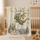 Personalized Dragon Baby Blanket with an embroidered-look print featuring a cute baby dragon in a winter hat and scarf, magical snow-covered castle, moon, stars, snowy mountains and winter forest scenery.

A beautiful personalized blanket for babies and children, perfect for baby showers, newborn gifts, winter babies, birthdays and magical winter nursery spaces.