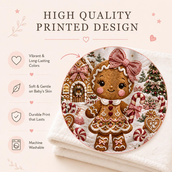 Personalized Christmas Gingerbread Baby Blanket with an embroidered-look print featuring an adorable gingerbread girl with a soft pink bow, surrounded by a magical snowy gingerbread Christmas landscape, candy canes, decorated trees, gingerbread cottage, peppermint candies, snowflakes, stars and festive florals.