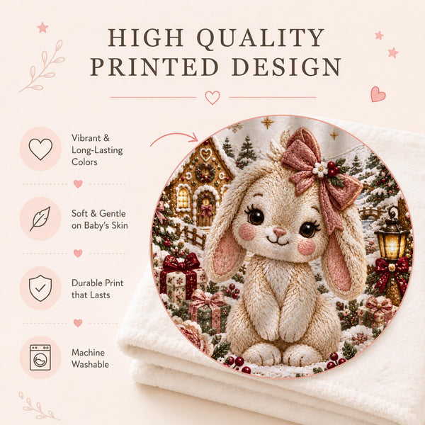 Personalized Christmas Bunny Baby Blanket with an embroidered-look print featuring an adorable cream baby bunny with a soft blush pink bow, surrounded by a magical snowy Christmas landscape, gingerbread cottage, decorated trees, glowing lantern, presents, winter florals, snowflakes and golden stars.