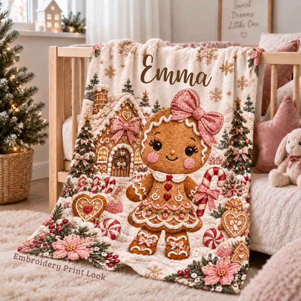 Personalized Christmas Gingerbread Baby Blanket with an embroidered-look print featuring an adorable gingerbread girl with a soft pink bow, surrounded by a magical snowy gingerbread Christmas landscape, candy canes, decorated trees, gingerbread cottage, peppermint candies, snowflakes, stars and festive florals.