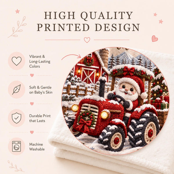 Personalized Christmas Santa Tractor Baby Blanket with an embroidered-look print featuring an adorable Santa Claus driving a festive red tractor, surrounded by a magical snowy Christmas farm landscape, red barn, decorated trees, glowing lights, presents, winter greenery, snowflakes and golden stars.