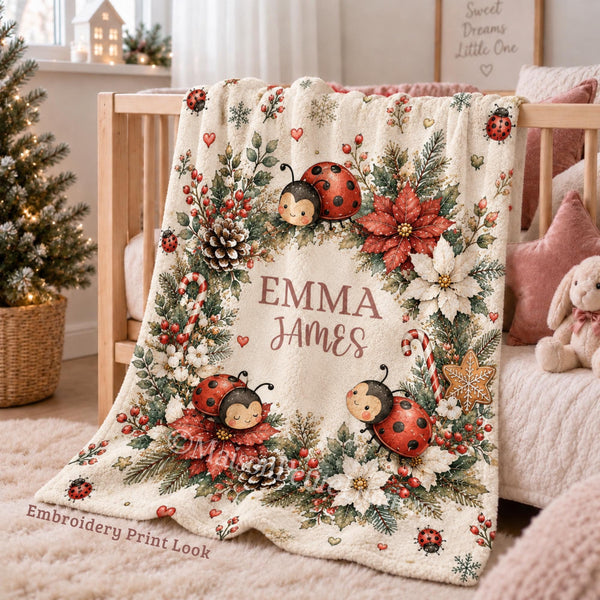 Celebrate your little one’s name with this personalized watercolor Christmas ladybug baby blanket, featuring sweet ladybugs surrounded by poinsettias, winter greenery, holly berries, pinecones, candy canes and delicate snowflakes.

A beautiful personalized blanket for babies and children, perfect for Christmas gifts, winter babies, first Christmas keepsakes, baby showers and cozy holiday nursery moments.