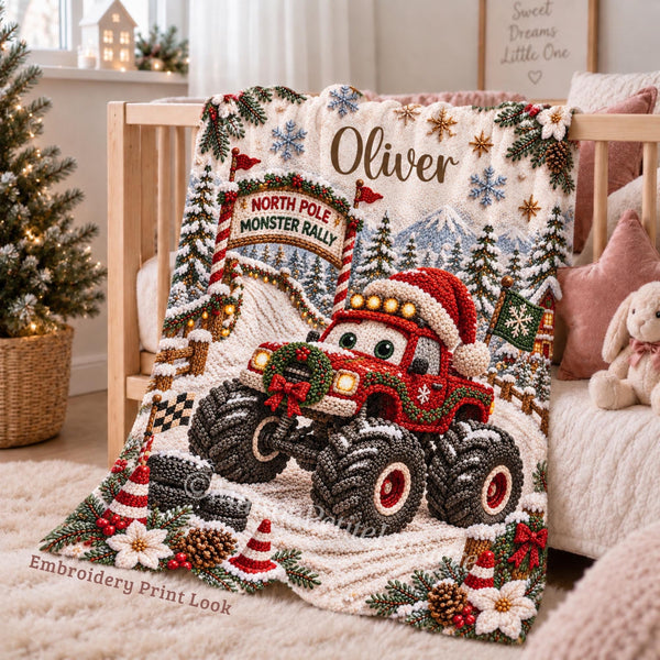 Personalized Christmas Monster Truck Baby Blanket with an embroidered-look print featuring an adorable festive red monster truck wearing a Santa hat, surrounded by a magical snowy North Pole racing landscape, snow-covered mountains, Christmas trees, glowing lights, racing flags, festive decorations, winter greenery and snowflakes.