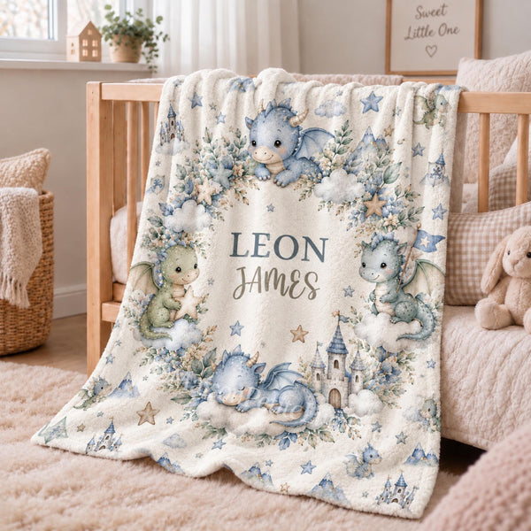 Personalized dragon baby blanket featuring adorable watercolor dragons, castles, clouds, stars, and a magical fantasy-inspired design. Customized with your baby’s name, this dragon-themed blanket makes a beautiful nursery keepsake, baby shower gift, newborn present, or milestone photo prop. Perfect for creating a dreamy storybook nursery inspired by friendly dragons, fairytale castles, and whimsical adventure.