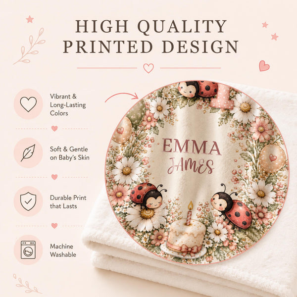 Personalized 1st Birthday Baby Blanket with Name, Ladybug First Birthday Gift, Floral Nursery Throw, One Year Old Girl Keepsake