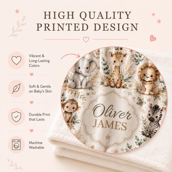 Personalized Safari Baby Blanket featuring adorable watercolor jungle animals including elephant, giraffe, lion, zebra, monkey, rhino, hippo and leopard. A custom velveteen baby blanket for nursery decor, baby shower gifts and newborn keepsakes.