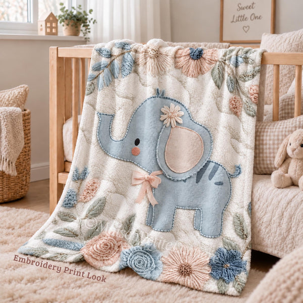 Soft embroidered-look elephant baby blanket with pastel florals. Neutral tones, cozy fabric — a boutique newborn gift for calm, modern nursery decor.