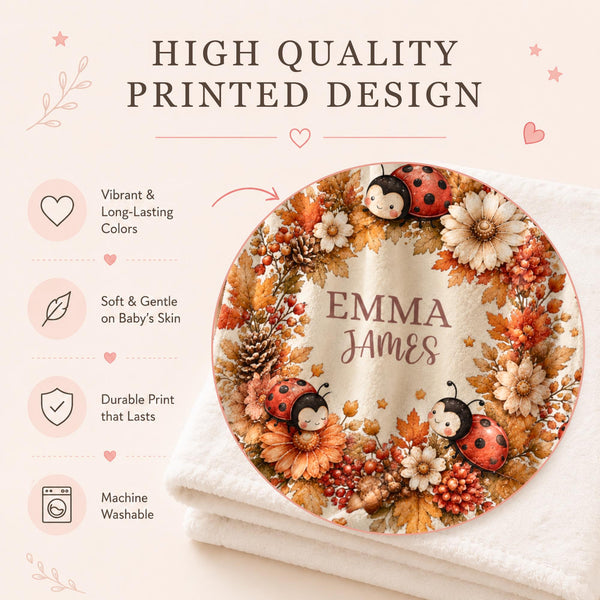 Celebrate your little one’s name with this personalized watercolor autumn ladybug baby blanket, featuring sweet ladybugs surrounded by warm fall leaves, autumn flowers, berries, pinecones and acorns.