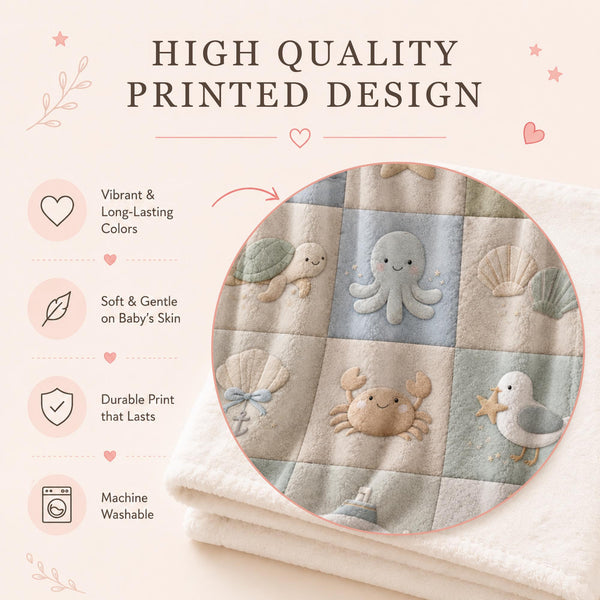 Personalized patchwork look baby blanket with name, crab, whale and octopus in a soft underwater quilt design. Cozy newborn blanket and baby gift.