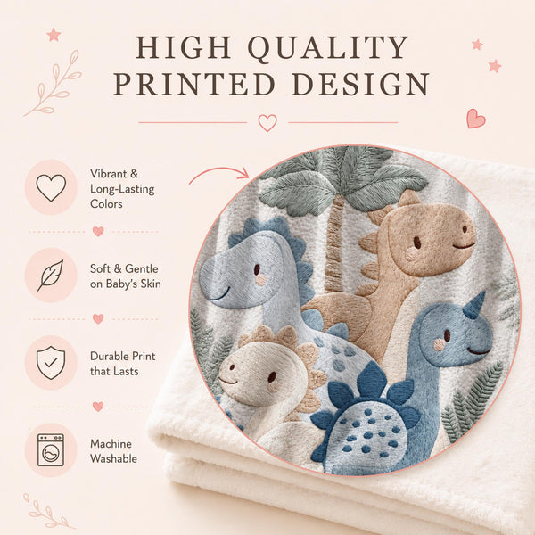 Personalized Dinosaur baby blanket with name - embroidered look details in soft neutral colors. A cozy newborn blanket and timeless boutique baby gift.