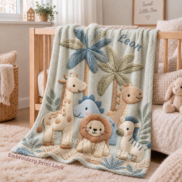 Personalized Safari baby blanket with name - embroidered look details in soft neutral colors. A cozy newborn blanket and timeless boutique baby gift.