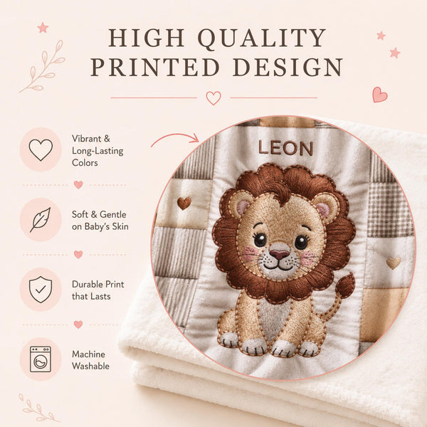 A personalized baby quilt blanket featuring a sweet lion in an heirloom-style patchwork look. Soft neutral tones – perfect for safari or neutral nurseries.