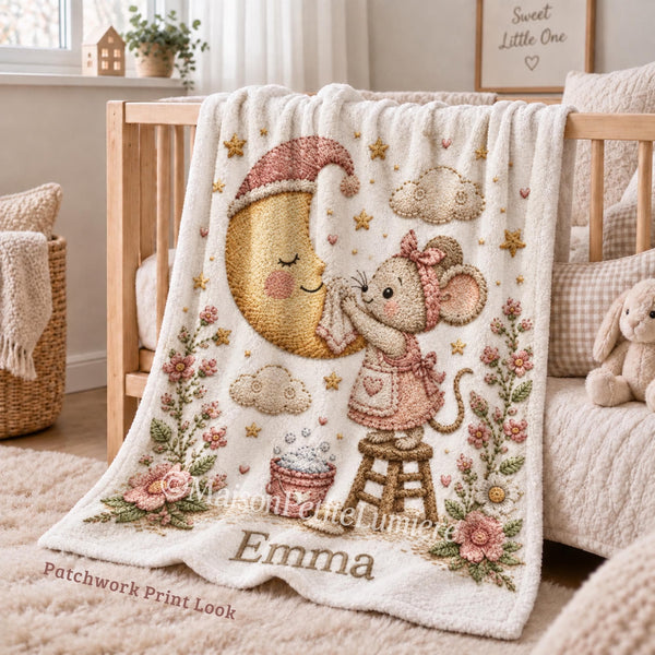 Personalized Mouse Baby Blanket with an embroidered-look print featuring a sweet little mouse gently cleaning the moon, surrounded by twinkling stars, fluffy clouds, and delicate florals.