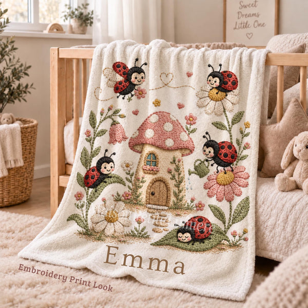 Personalized Ladybug Baby Blanket featuring an embroidered-look print with adorable ladybugs, blooming flowers, and a charming mushroom cottage.