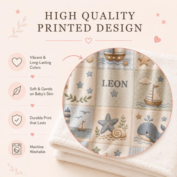Personalized Nautical Baby Blanket – Whale, Sailboat & Seashell Design. A dreamy coastal-nursery blanket featuring whales, sailboats, seashells, starfish and a little lighthouse in soft sage, blue and cream tones — printed patchwork quilting design.