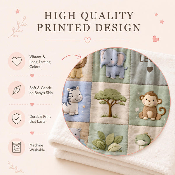 Personalized patchwork look baby blanket with name and sweet safari animals like lion, elephant and monkey in a soft quilt style design.