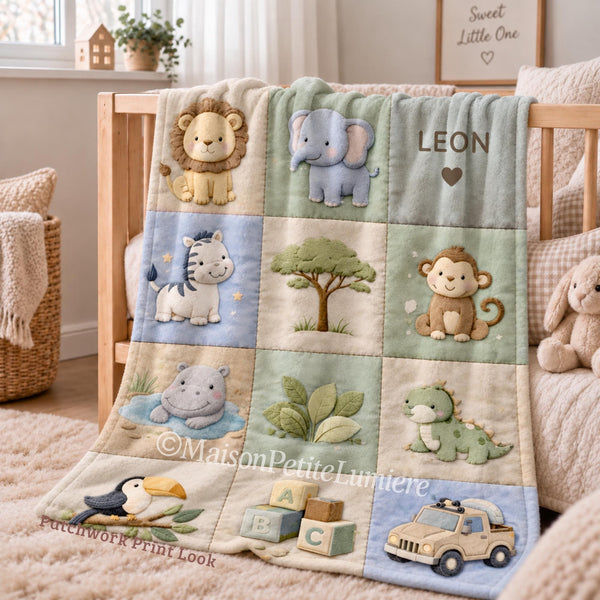 Personalized patchwork look baby blanket with name and sweet safari animals like lion, elephant and monkey in a soft quilt style design.