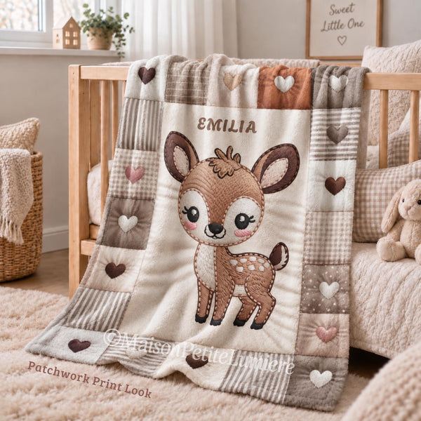 Personalized deer baby blanket with name and patchwork quilt look. Choose between the large Velveteen blanket or the small Minky Lovey security blanket.