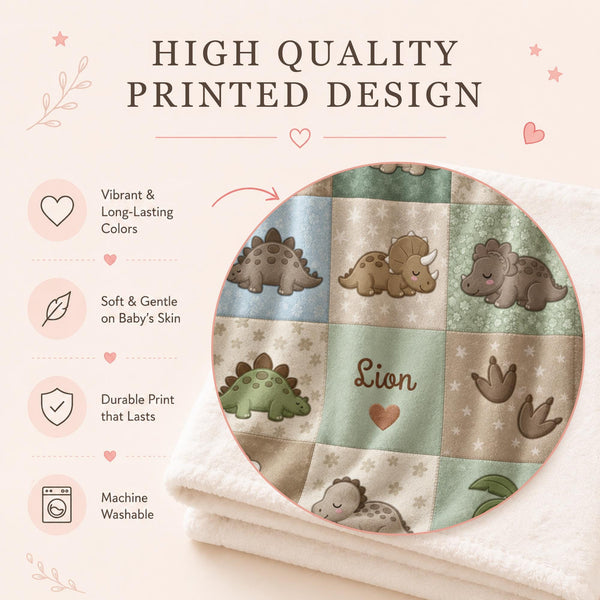 Personalized patchwork look baby blanket with cute dinosaurs in a soft quilt-style design. Neutral nursery colors with custom name panel.