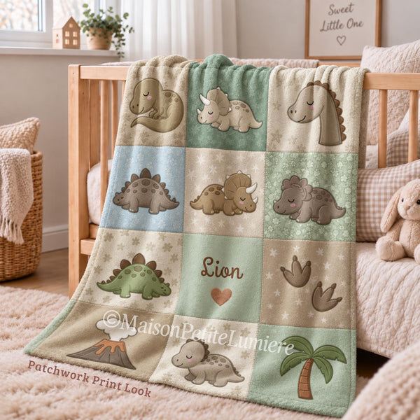 Personalized patchwork look baby blanket with cute dinosaurs in a soft quilt-style design. Neutral nursery colors with custom name panel.